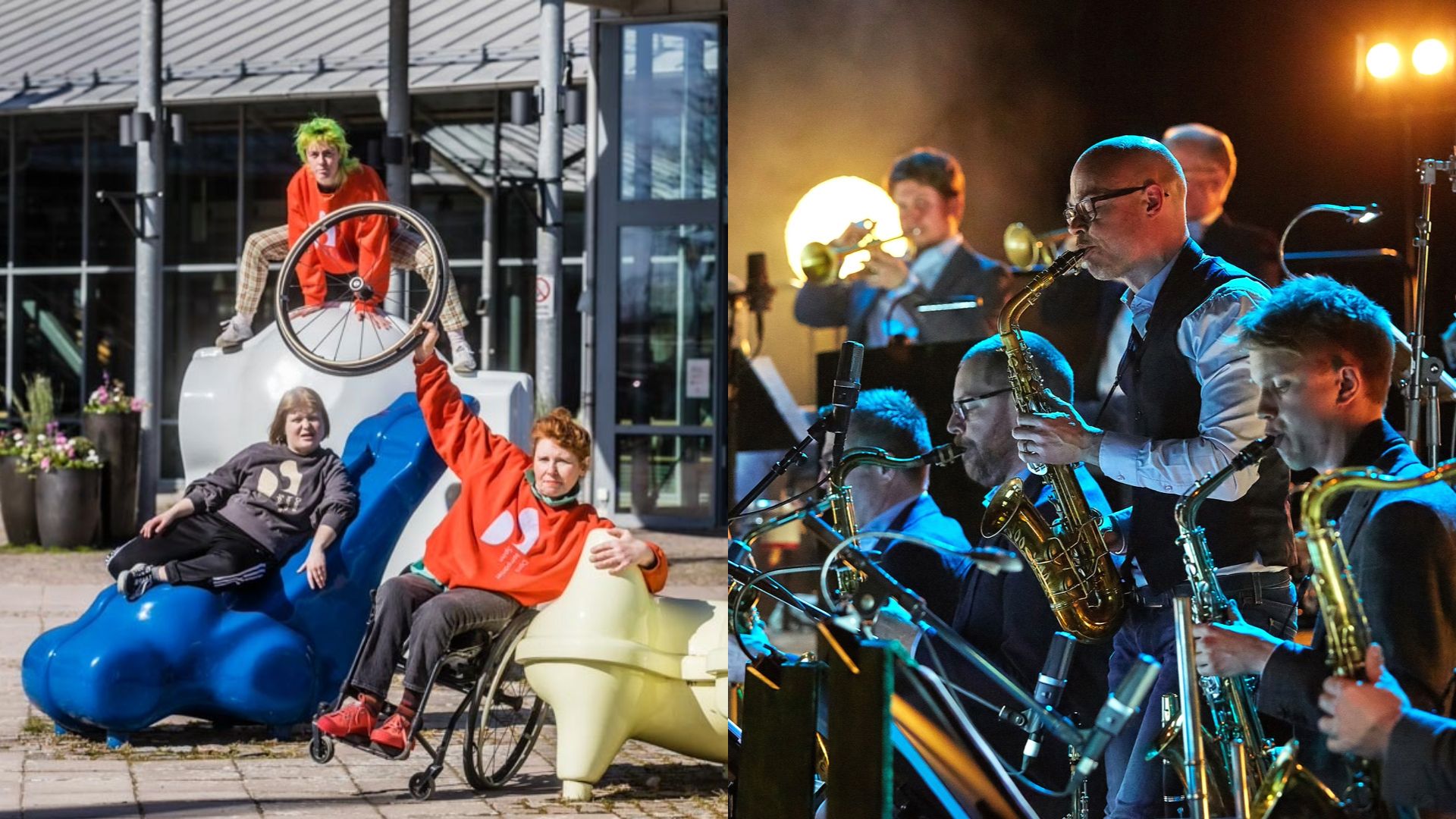Kollage med bilder på Danskompaniet Spinn i färgglada tröjor och Bohuslän Big Band som spelar musik.